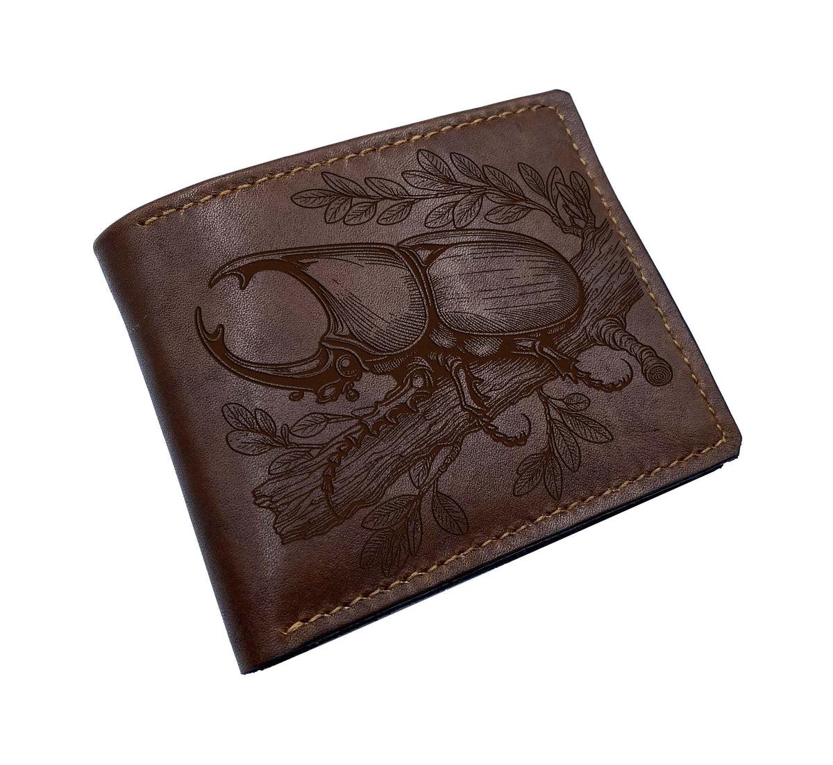 Rhino Beetle genuine leather wallet, insect personalized gifts, name engrave bifold wallet