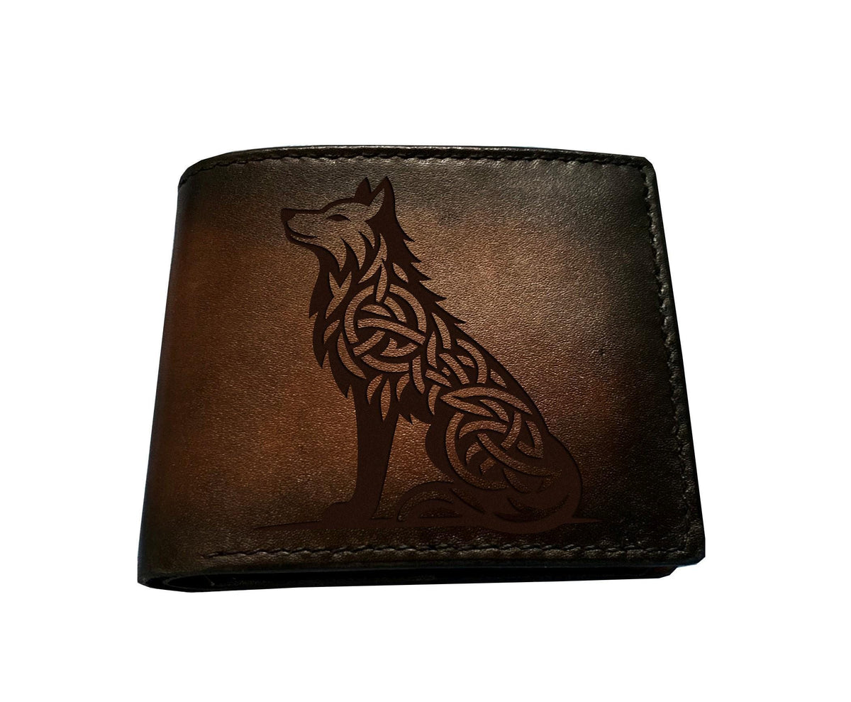 Celtic Wolf Leather Wallet, Personalized Gift for Men