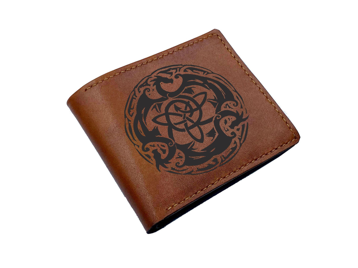 Personalized Leather Wallet: Norse Raven & Celtic Symbol, Handmade