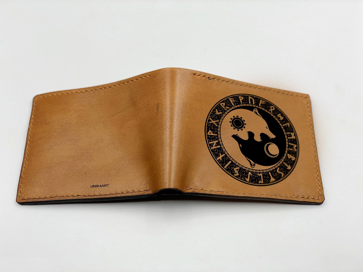 Personalized Leather Wallet: Norse Raven & Celtic Symbol, Handmade