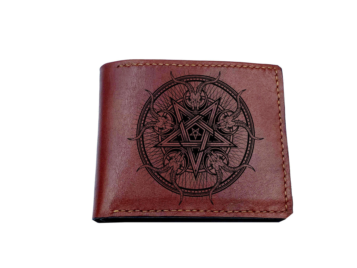 Engraved Leather Pentagram Wallet: Handmade Ancient Pentacle Sign