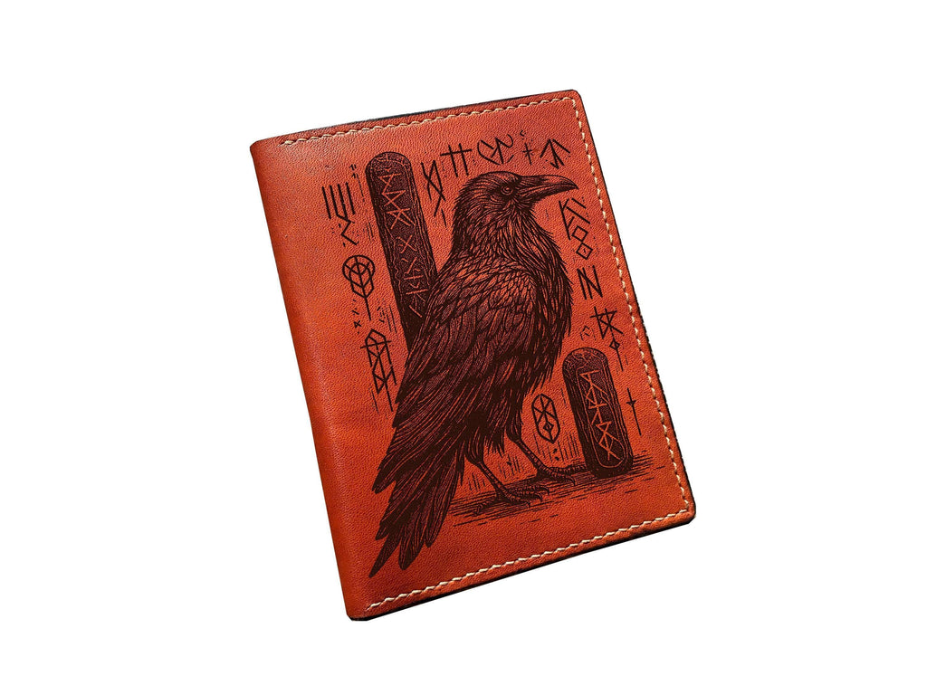 Raven Leather Passport Wallet: Handmade Norse Runes Travel Case