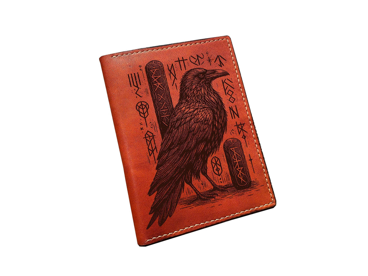 Raven Leather Passport Wallet: Handmade Norse Runes Travel Case
