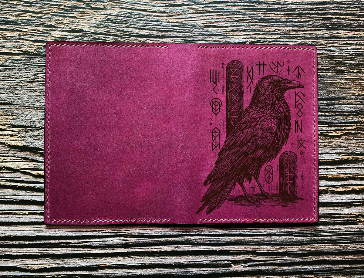 Raven Leather Passport Wallet: Handmade Norse Runes Travel Case