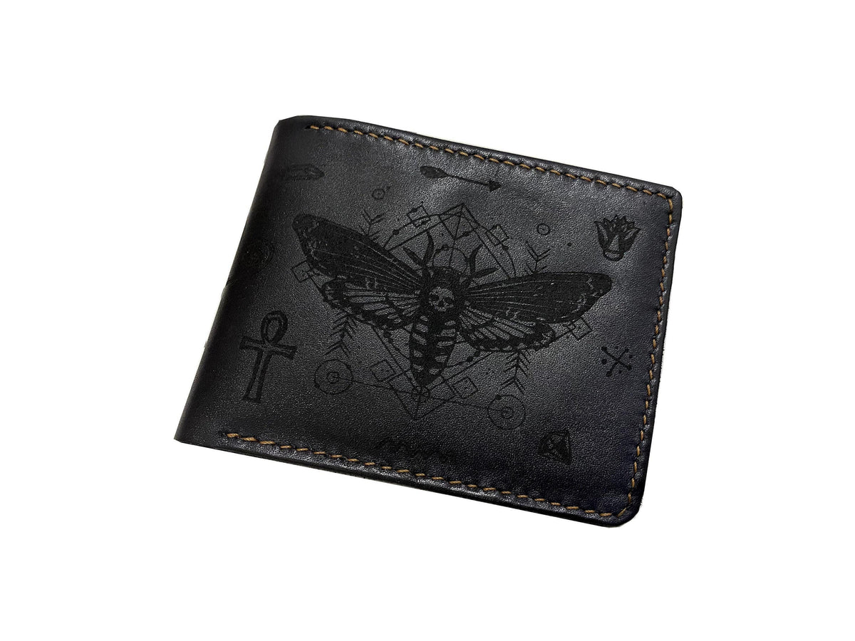 Personalized Leather Wallet: Ancient Egypt Skull Butterfly Design, Handmade