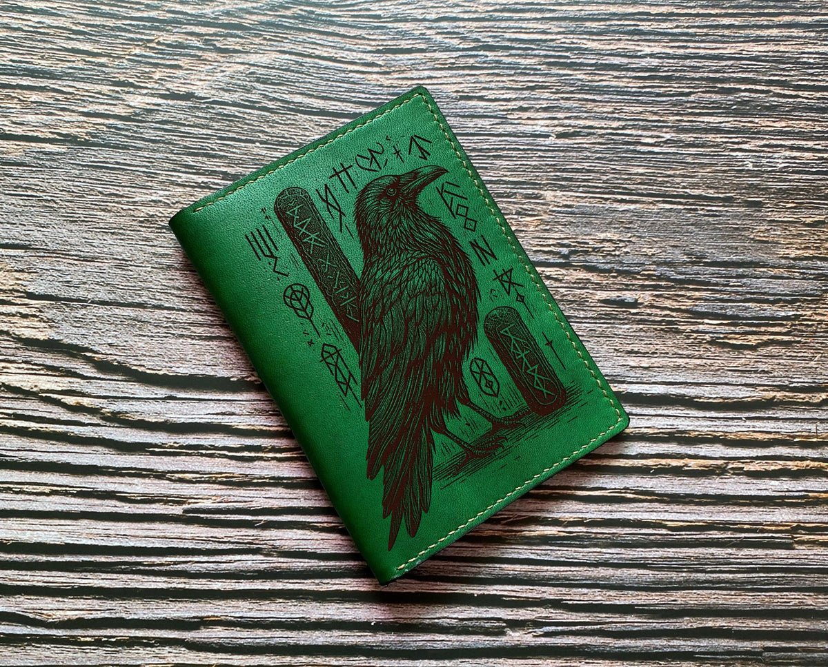 Raven Leather Passport Wallet: Handmade Norse Runes Travel Case