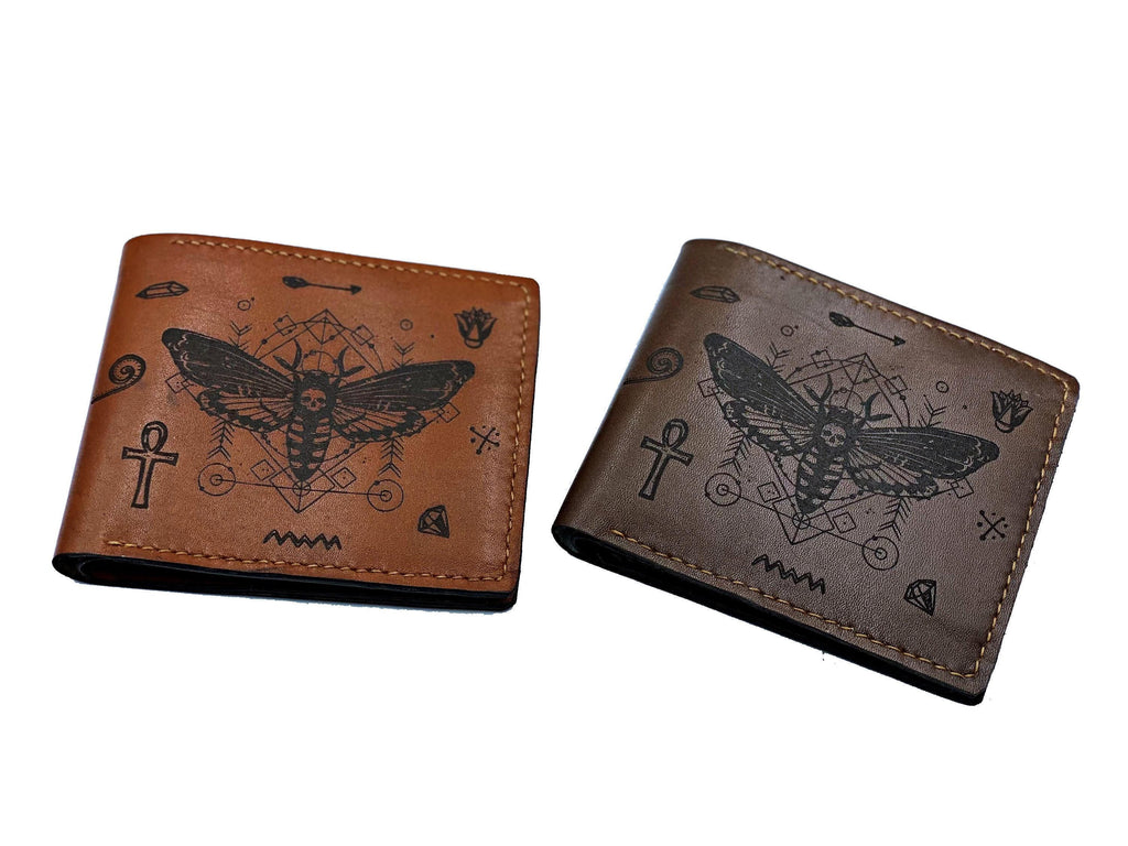 Personalized Leather Wallet: Ancient Egypt Skull Butterfly Design, Handmade