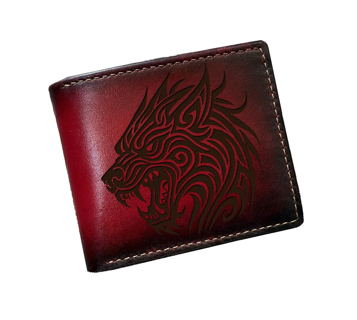 Fenrir Wolf engrave leather men's wallet, Son of Loki Norse mythology leather gift ideas
