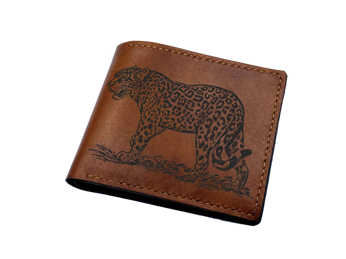 Personalized Leather Wallet, Engraved Leopard Design, Gift for Him