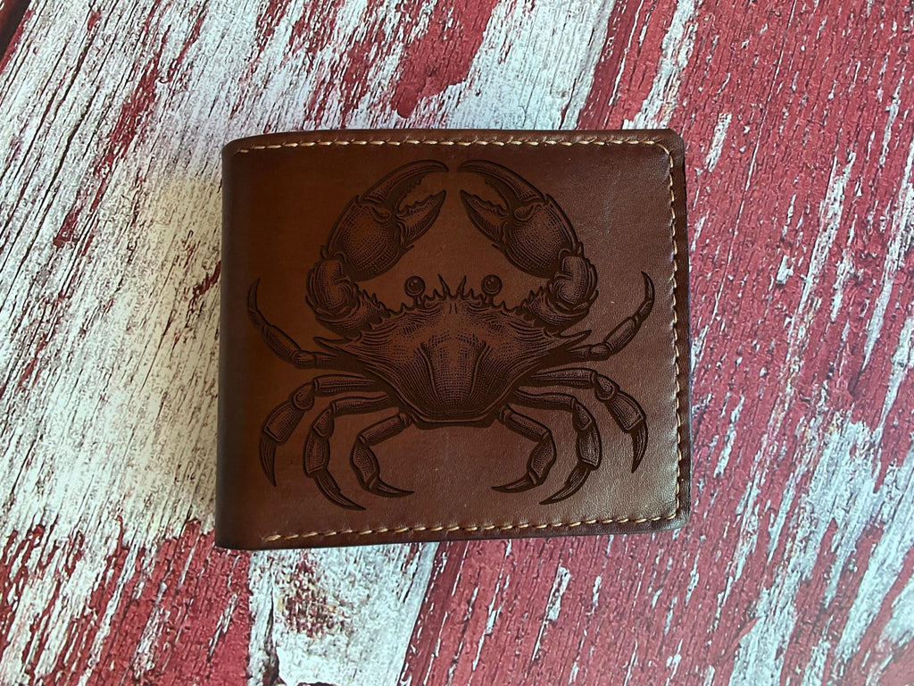 Handmade Leather Bifold Wallet, Crab Drawing, Sea Animal Lover