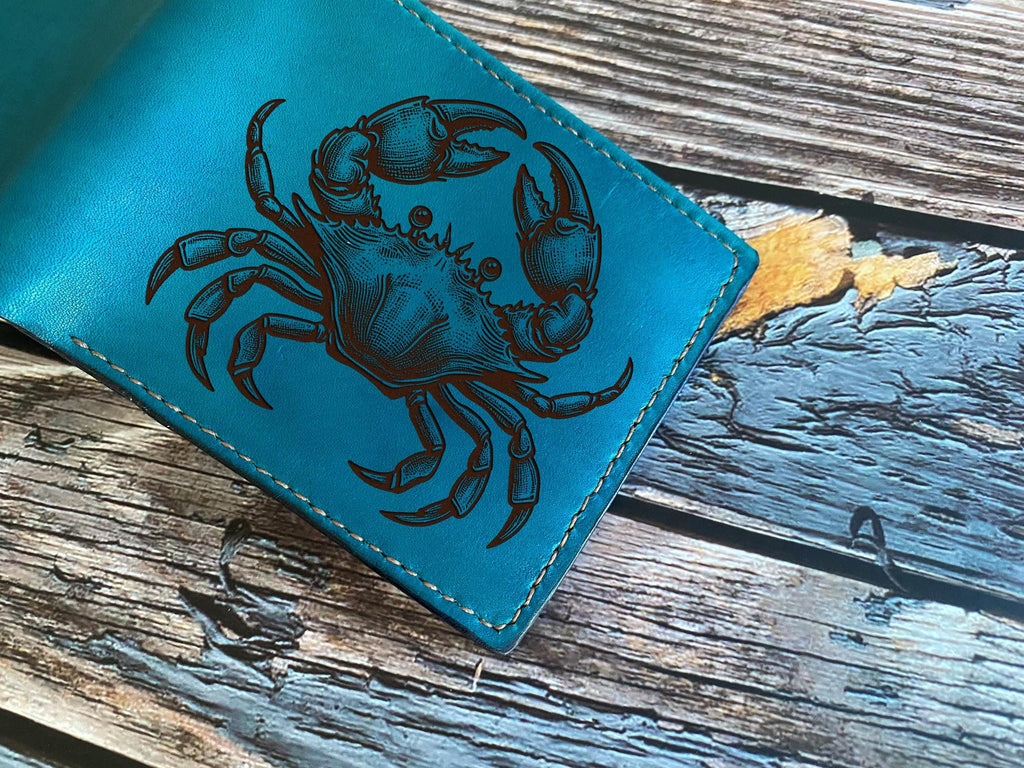 Handmade Leather Bifold Wallet, Crab Drawing, Sea Animal Lover