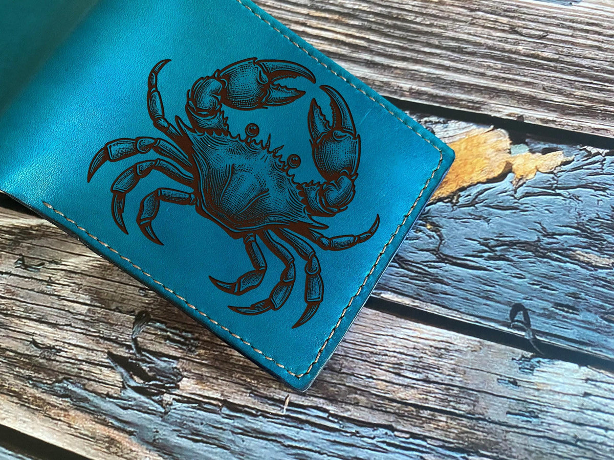 Handmade Leather Bifold Wallet, Crab Drawing, Sea Animal Lover