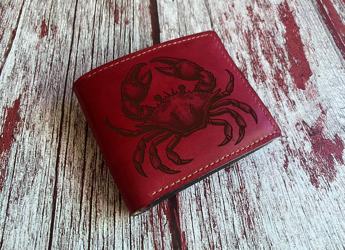 Handmade Leather Bifold Wallet, Crab Drawing, Sea Animal Lover
