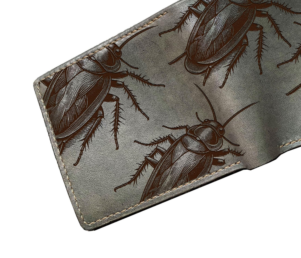 Cockroach Pattern Leather Wallet: Insect Engraved, Handmade