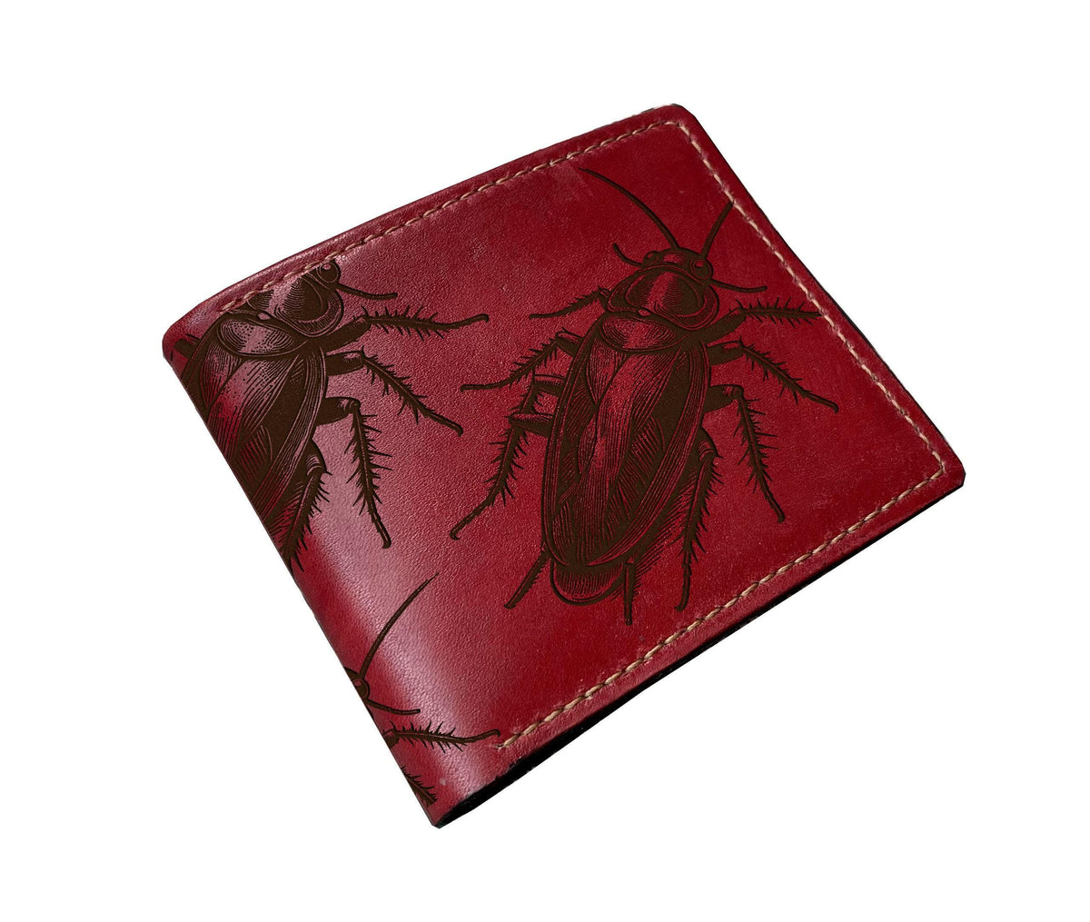 Cockroach Pattern Leather Wallet: Insect Engraved, Handmade