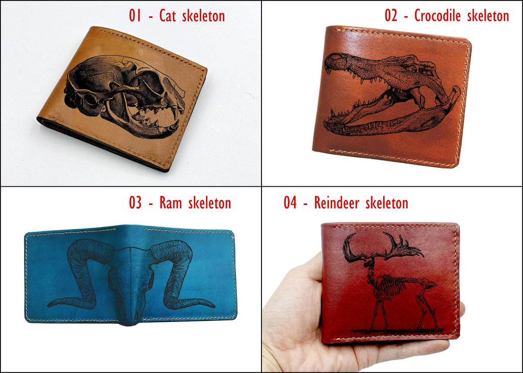 Personalized Leather Wallet: Fish Skeleton Engraved, Handmade