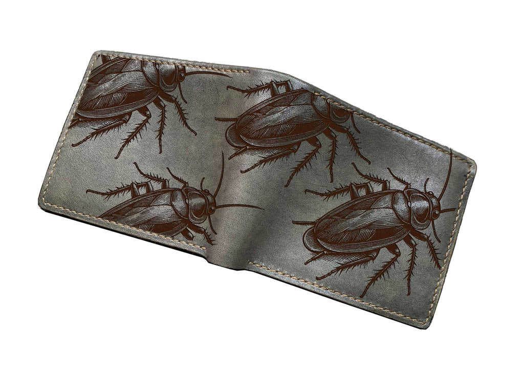 Cockroach Pattern Leather Wallet: Insect Engraved, Handmade