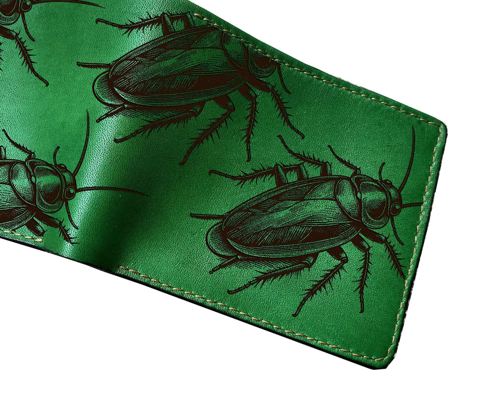 Cockroach Pattern Leather Wallet: Insect Engraved, Handmade