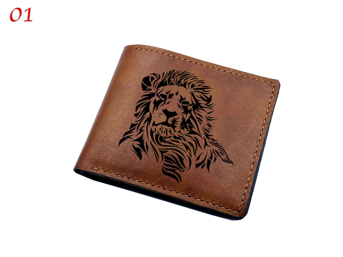 Custom Lion Draw Leather Wallet, Engraved Animal Wallet