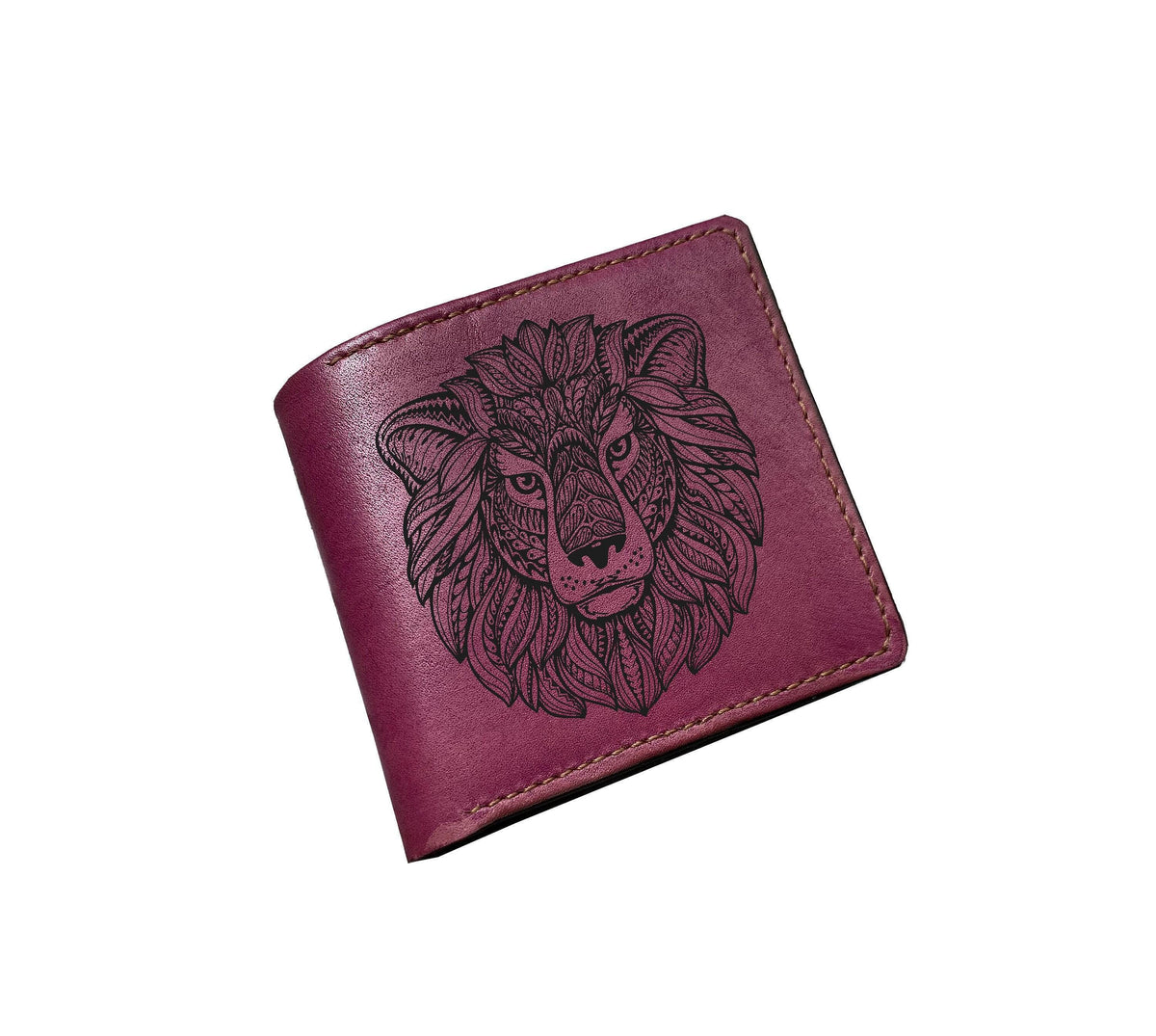 Personalized Leather Lion Wallet: Handmade Ethnic Animal Art