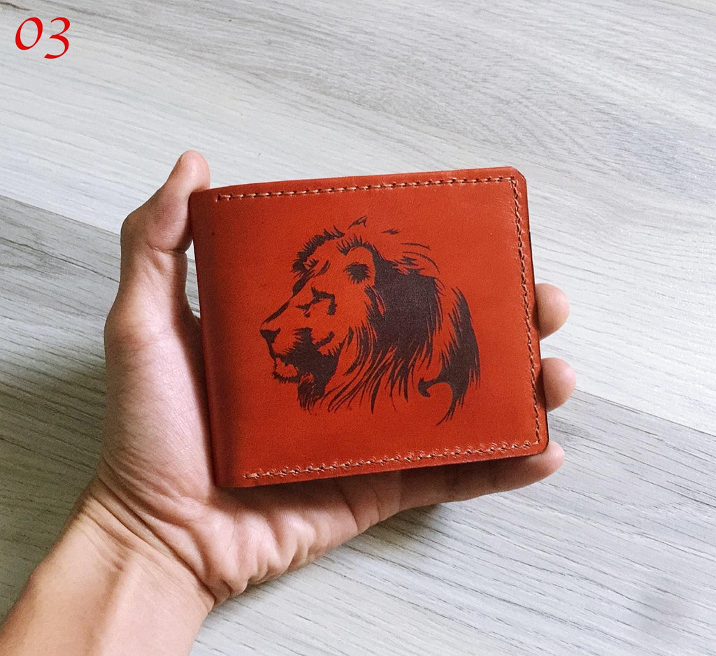 Custom Lion Draw Leather Wallet, Engraved Animal Wallet