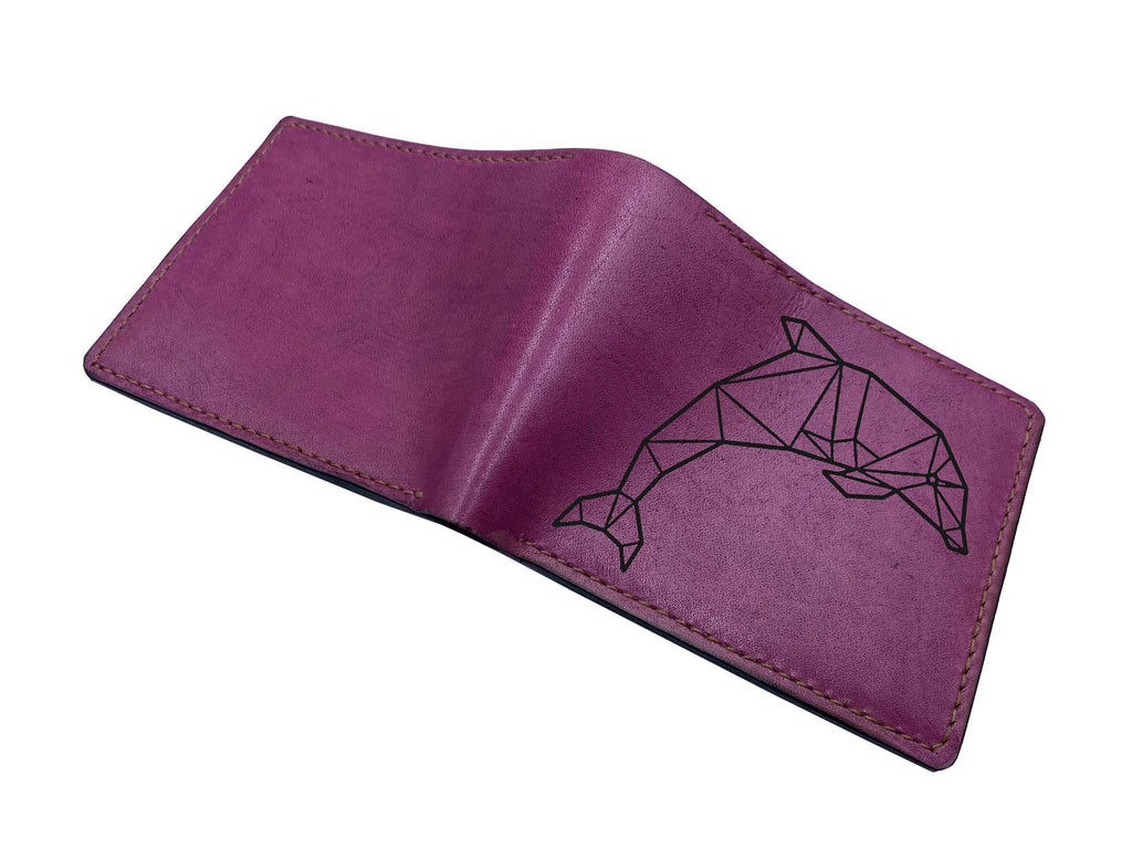 Handmade Leather Wallet: Dolphin Polygon Art, Ocean Animal Pattern