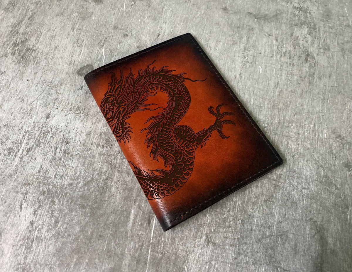 Engraved Dragon Leather Wallet: Handmade Oriental Style