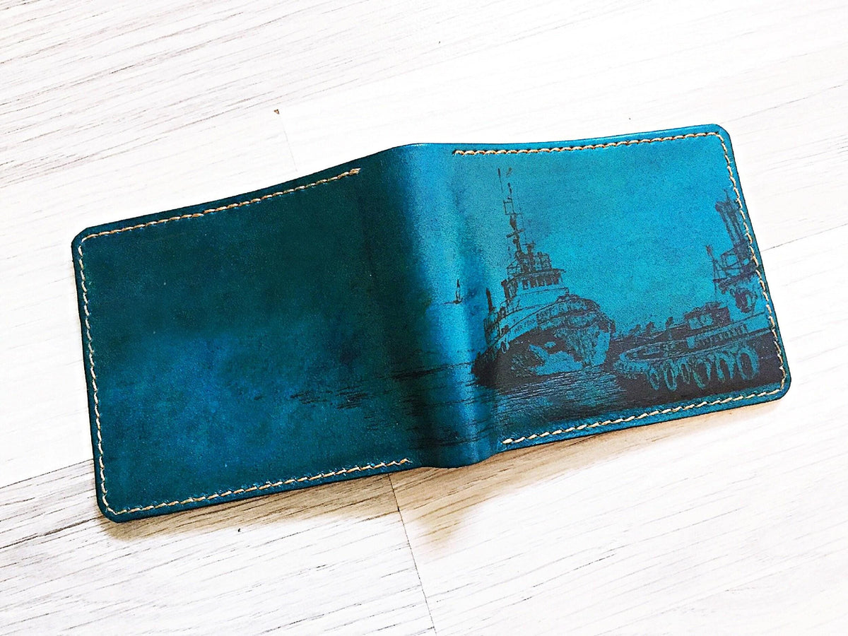 Custom Engraved Leather Wallet, Tropical Beach Scene, Gift for Him