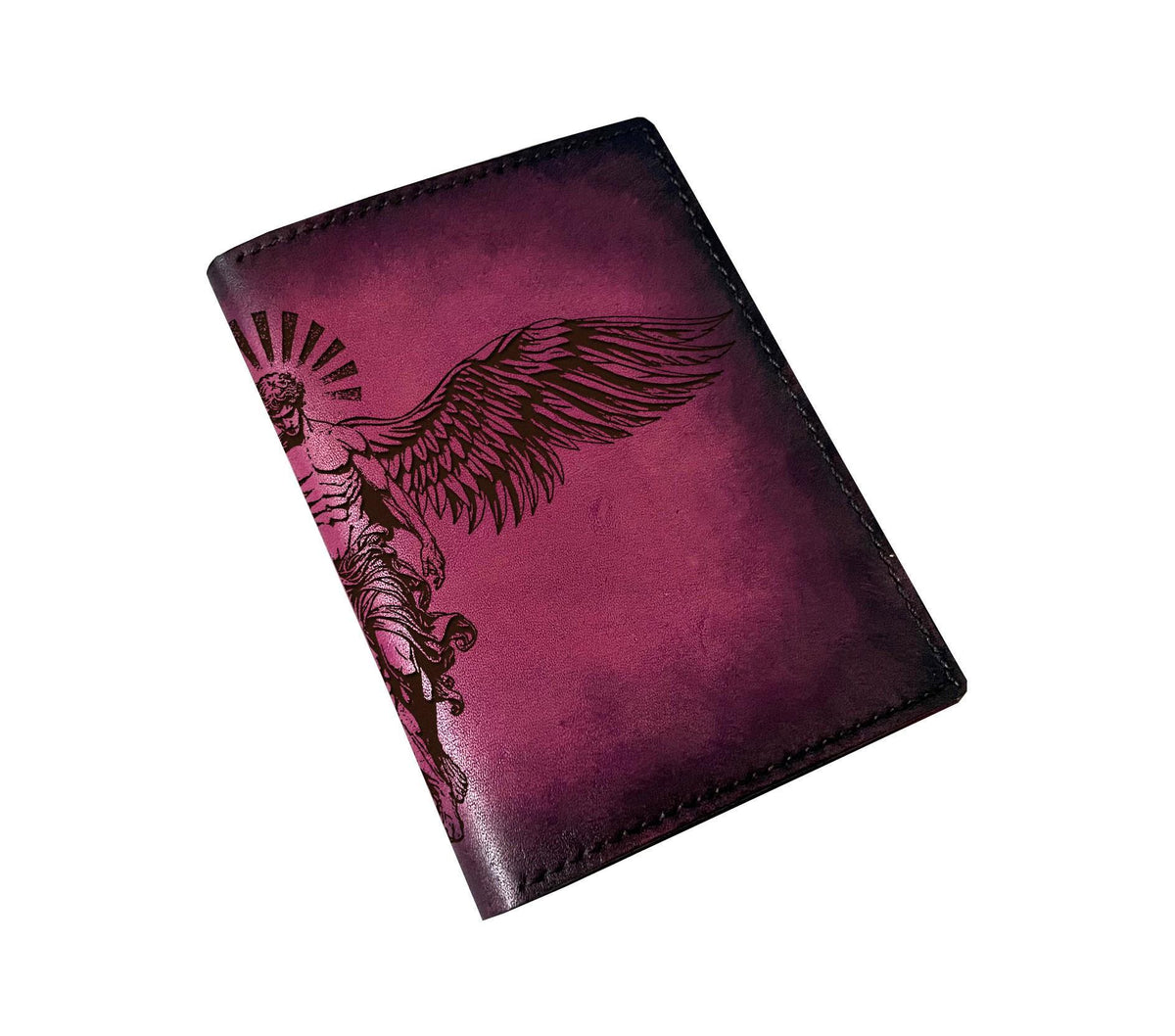 Handmade Angel Engraved Leather Wallet, Custom Vegetable-Tanned Cowhide for Dad