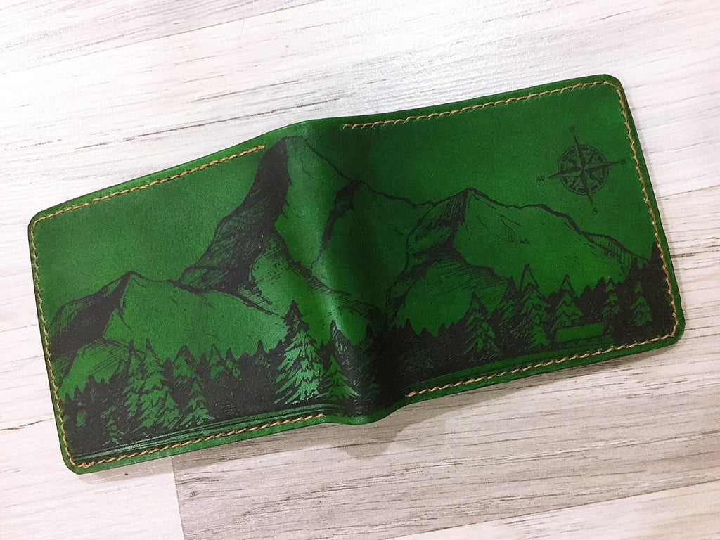 Custom Engraved Leather Wallet, Tropical Beach Scene, Gift for Him