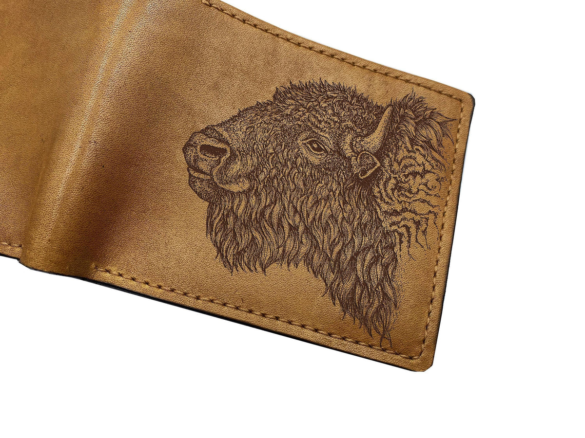 American Bison Leather Wallet: Engraved Buffalo Art, Wildlife Gift
