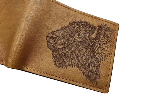 American Bison Leather Wallet: Engraved Buffalo Art, Wildlife Gift