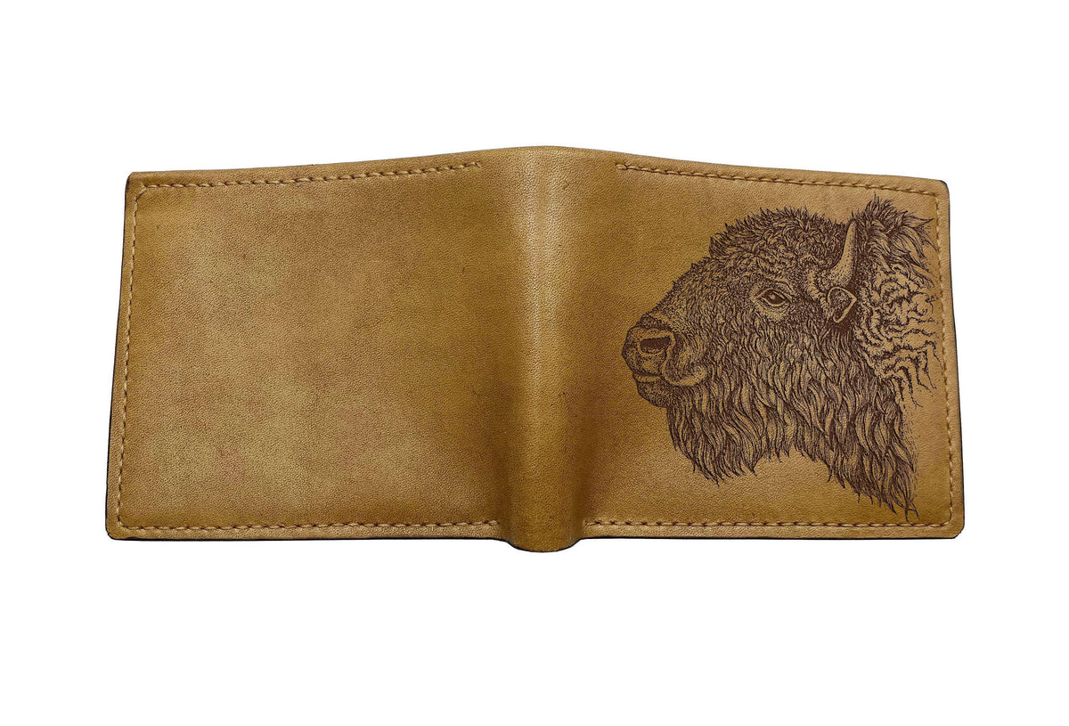 American Bison Leather Wallet: Engraved Buffalo Art, Wildlife Gift