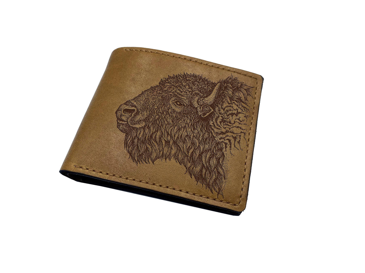 American Bison Leather Wallet: Engraved Buffalo Art, Wildlife Gift