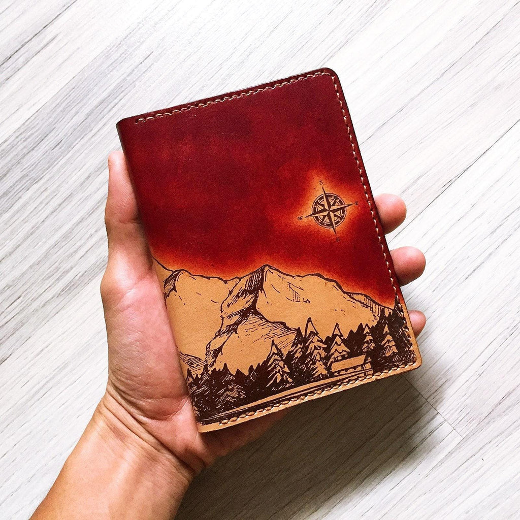 Handmade Leather Passport Wallet: Night Sky Mountain Scene, Personalized Travel Cover
