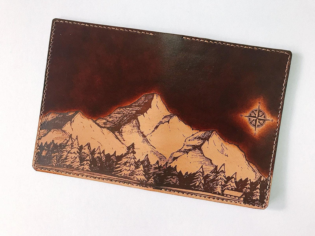 Handmade Leather Passport Wallet: Night Sky Mountain Scene, Personalized Travel Cover