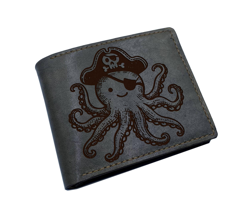 Handmade Leather Wallet: Octopus Pirate Engraved Bifold