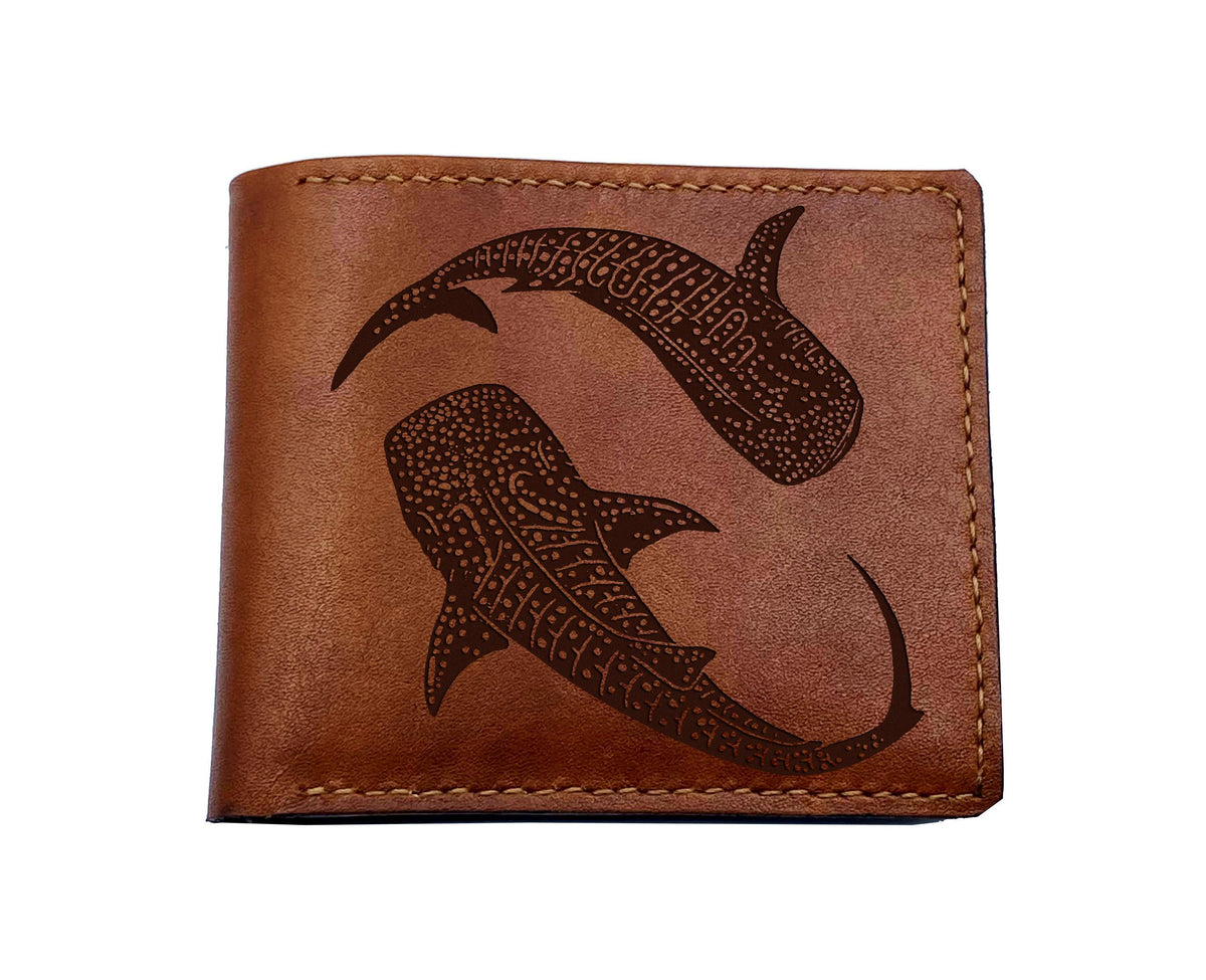 Whale shark engraving genuine leather travel wallet, ocean sea pattern custom leather gift