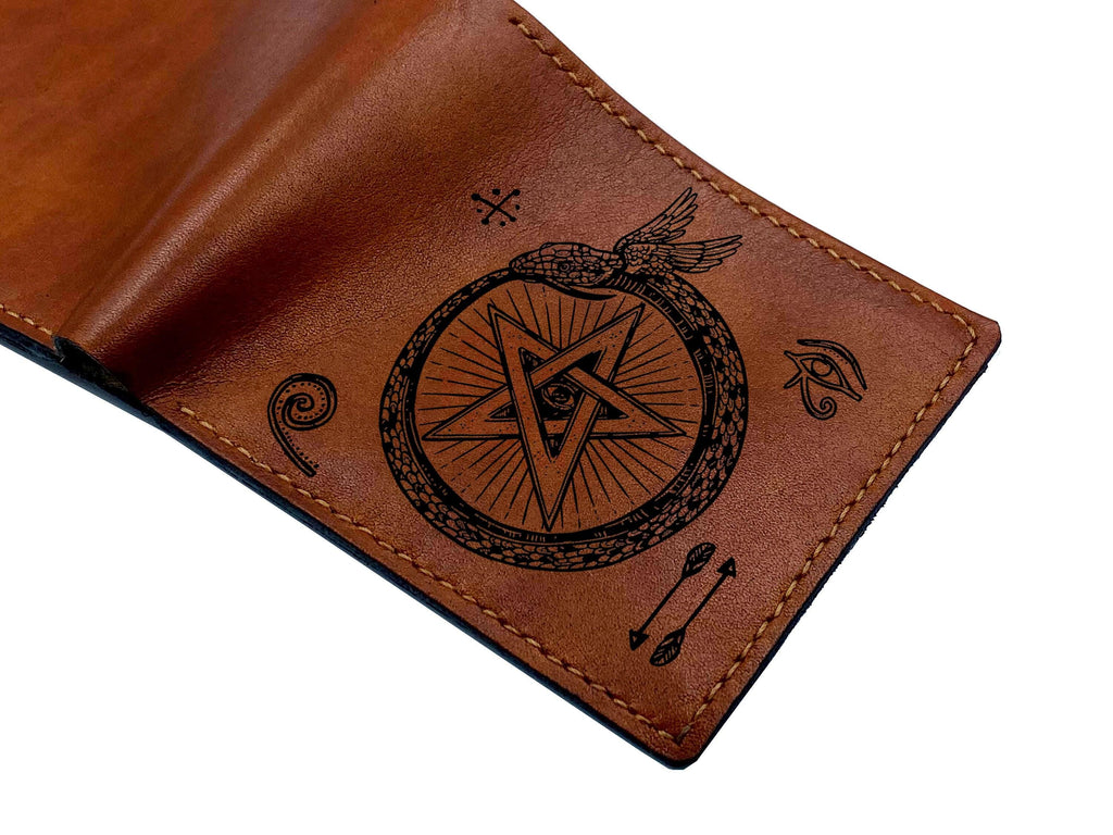 Personalized Leather Bi-Fold Wallet, Ancient Egypt Pentagram, Handmade