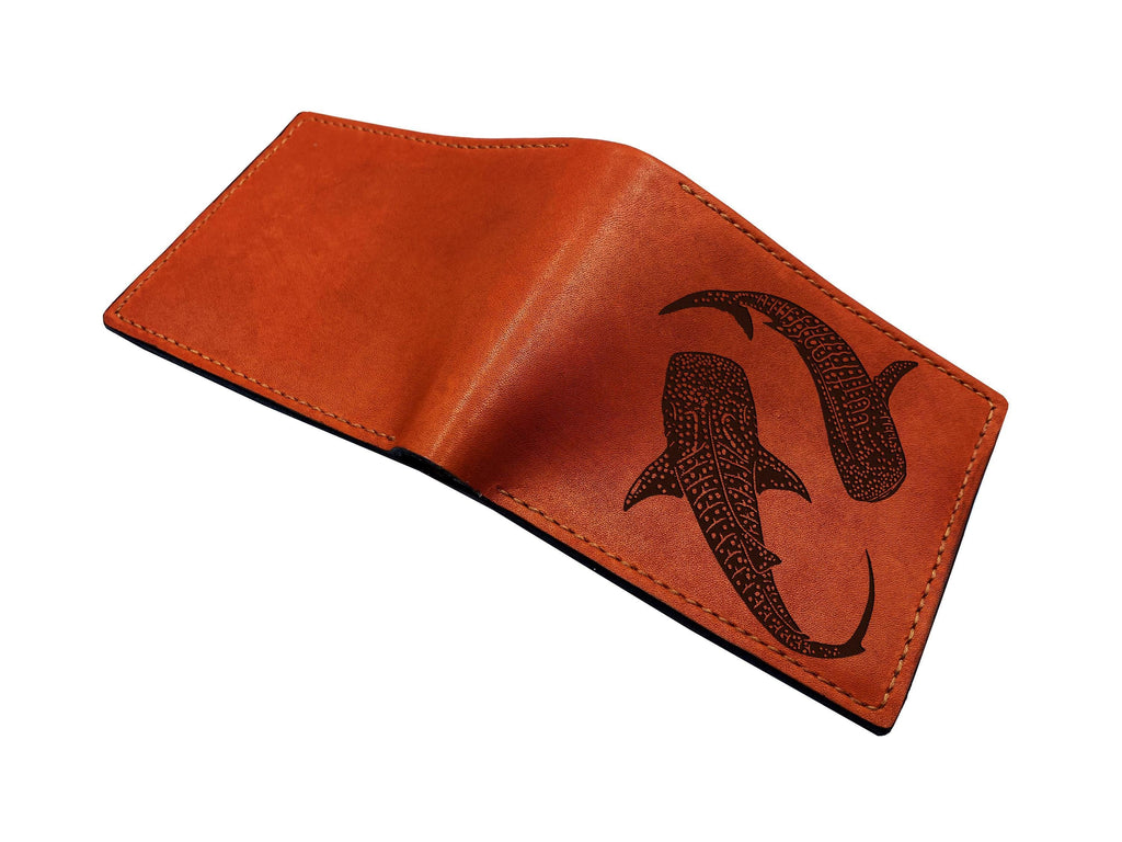 Whale shark engraving genuine leather travel wallet, ocean sea pattern custom leather gift