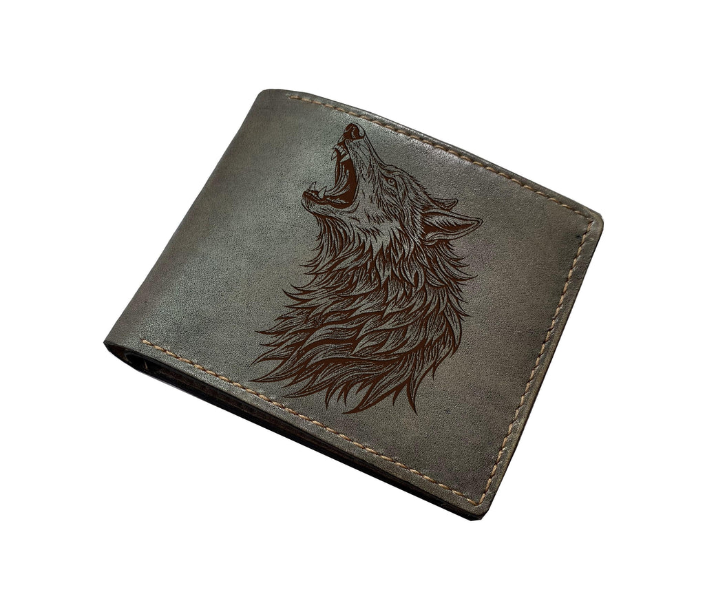 Wolf head engrave leather wallet, full grain leather gift ideas, custom name text present