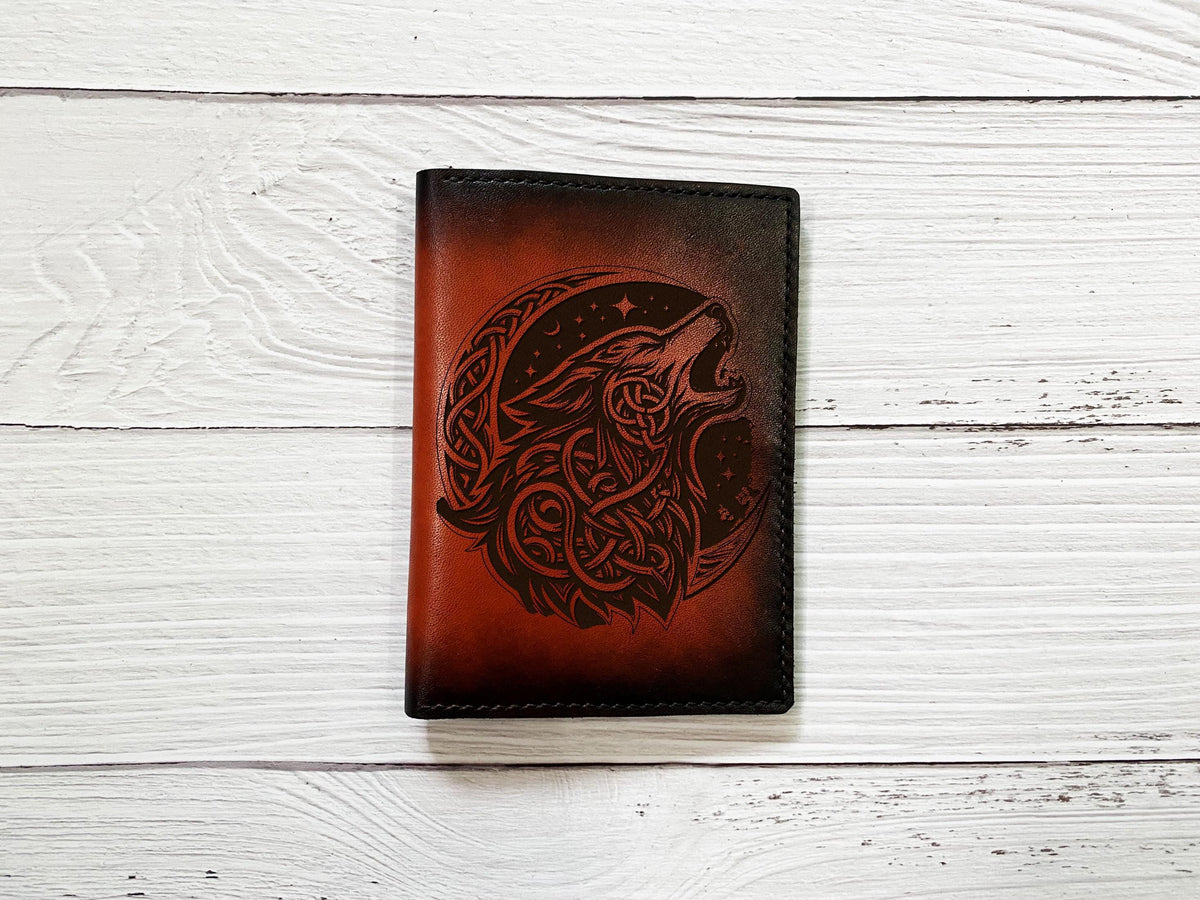 Handmade Leather Bifold Wallet: Celtic Wolf Engraving