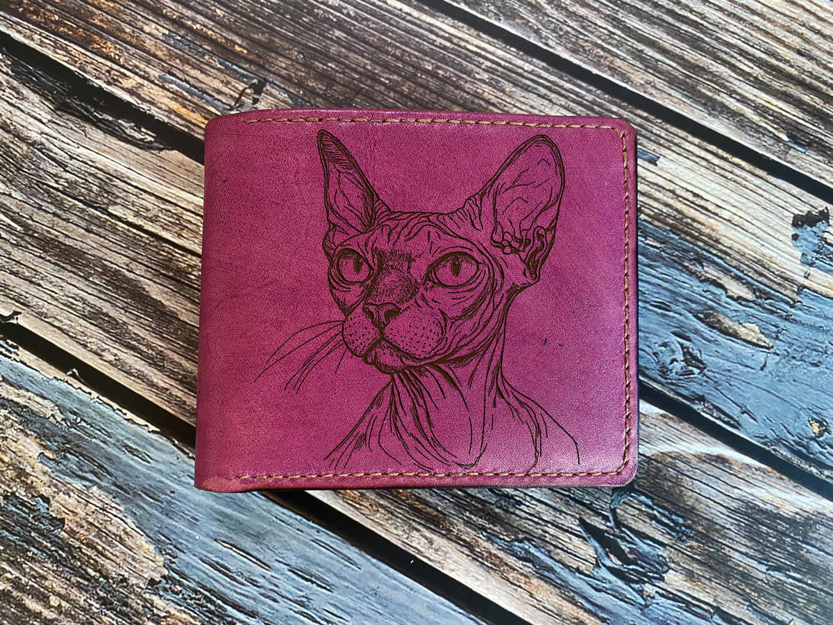 Engraved Sphynx Cat Leather Wallet, Handmade Art Sketch