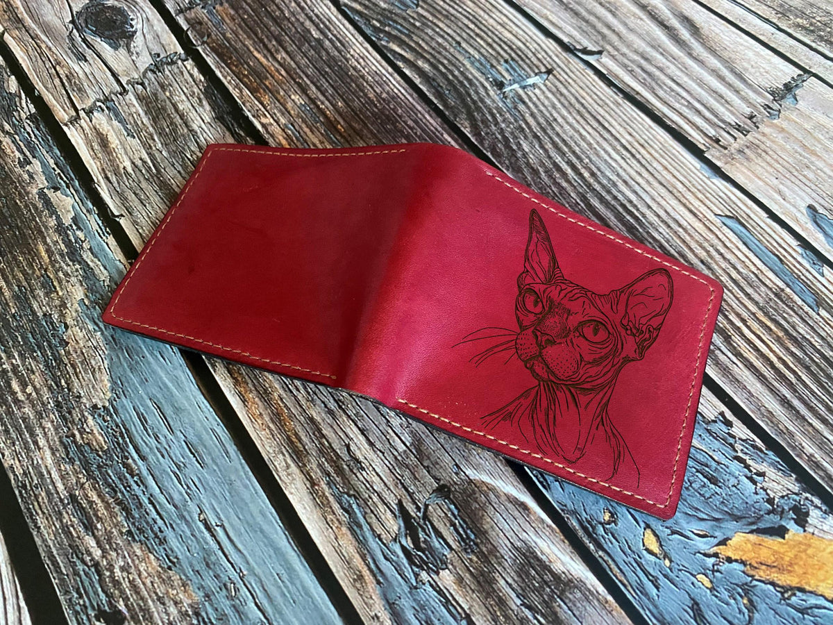 Engraved Sphynx Cat Leather Wallet, Handmade Art Sketch