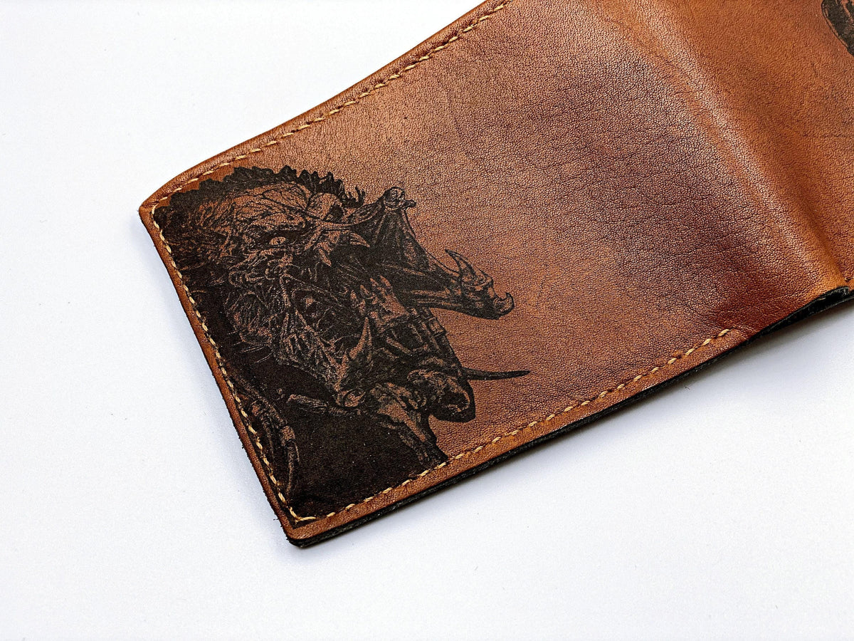 Handmade Leather Wallet, Predator vs Aliens Engraved Design