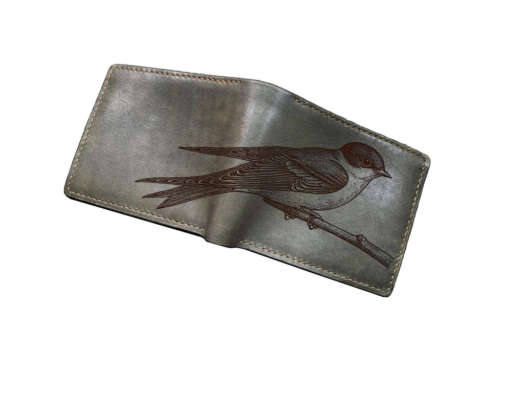 Cliff Swallow Engraved Leather Wallet, Handmade Bird Drawing Gift