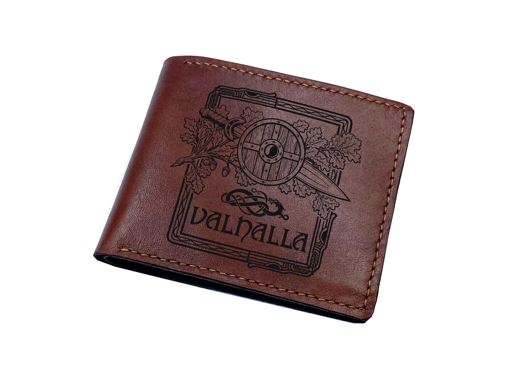 Custom Engraved Leather Wallet, Viking Sword & Shield Art, Personalized Gift for Him