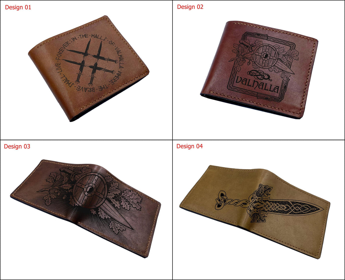 Custom Engraved Leather Wallet, Viking Sword & Shield Art, Personalized Gift for Him