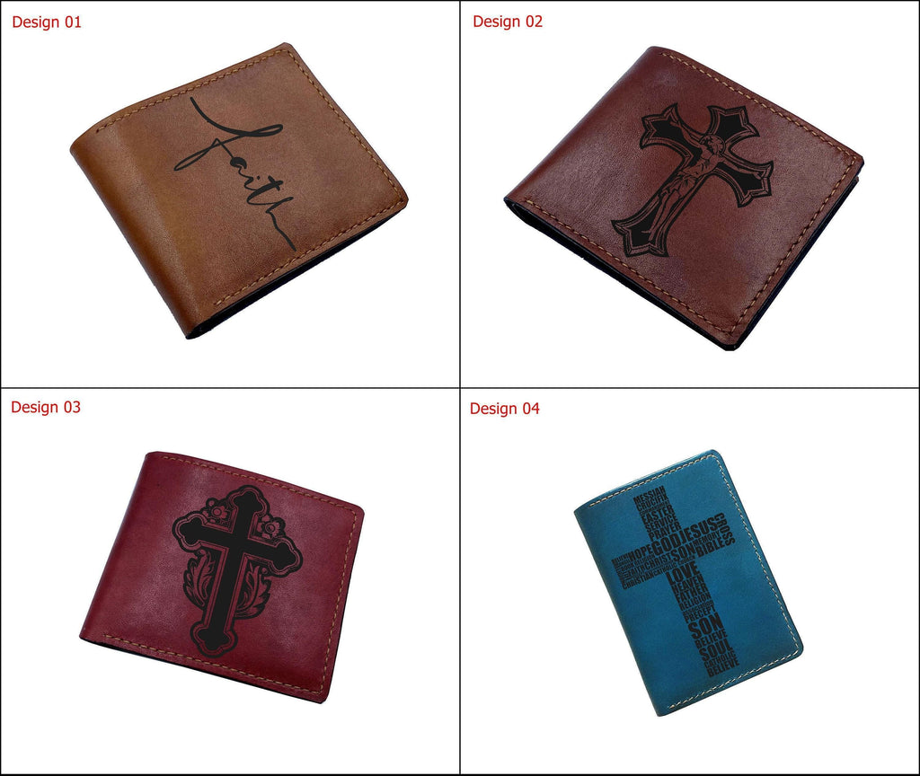 Handmade Leather Wallet, Christian Cross Engraved, Gift for Dad