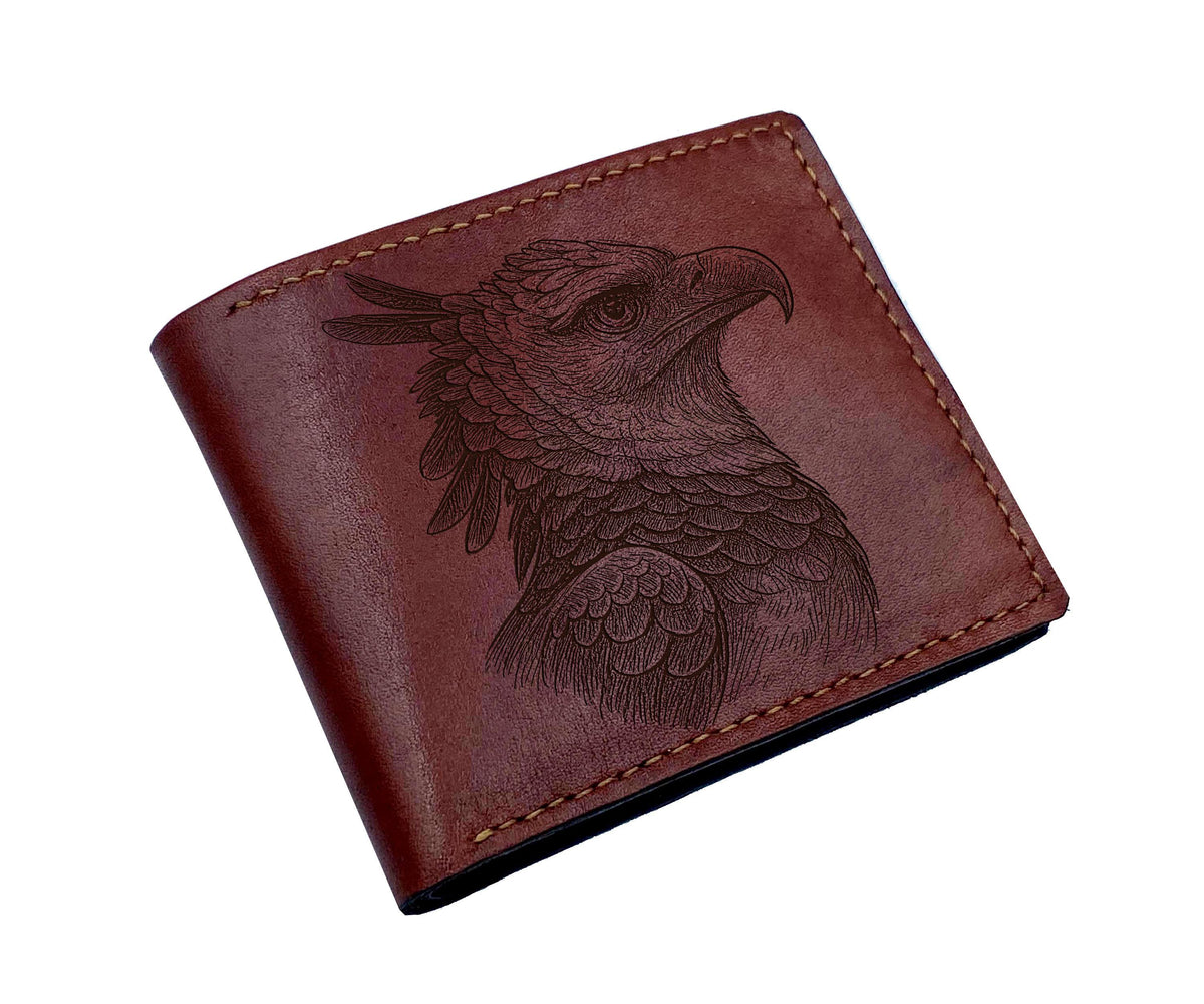 Engraved Harpy Eagle Leather Wallet, Custom Bifold, Bird Lover Gift